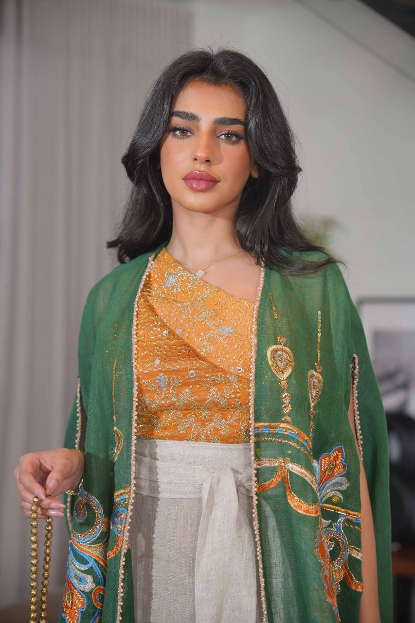 Green Bisht with beige linen dress with orange and embroidery C:6614