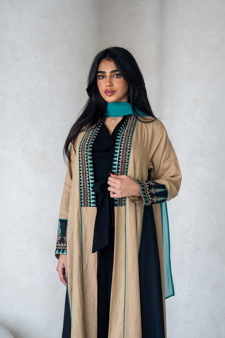 عباية كتان بيج مع تطريز C:6588 بيج