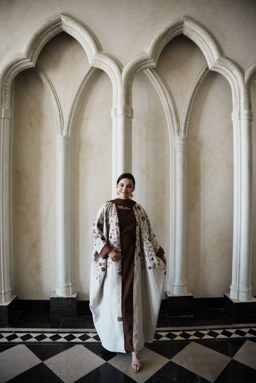 Bisht Linen Abaya in beige color with embroidery C:6595