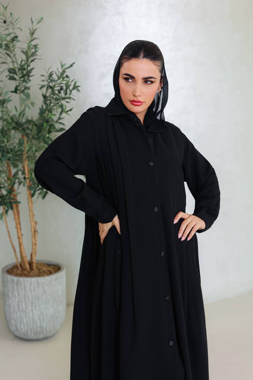 Black crepe abaya with pleats on the sides C:6663