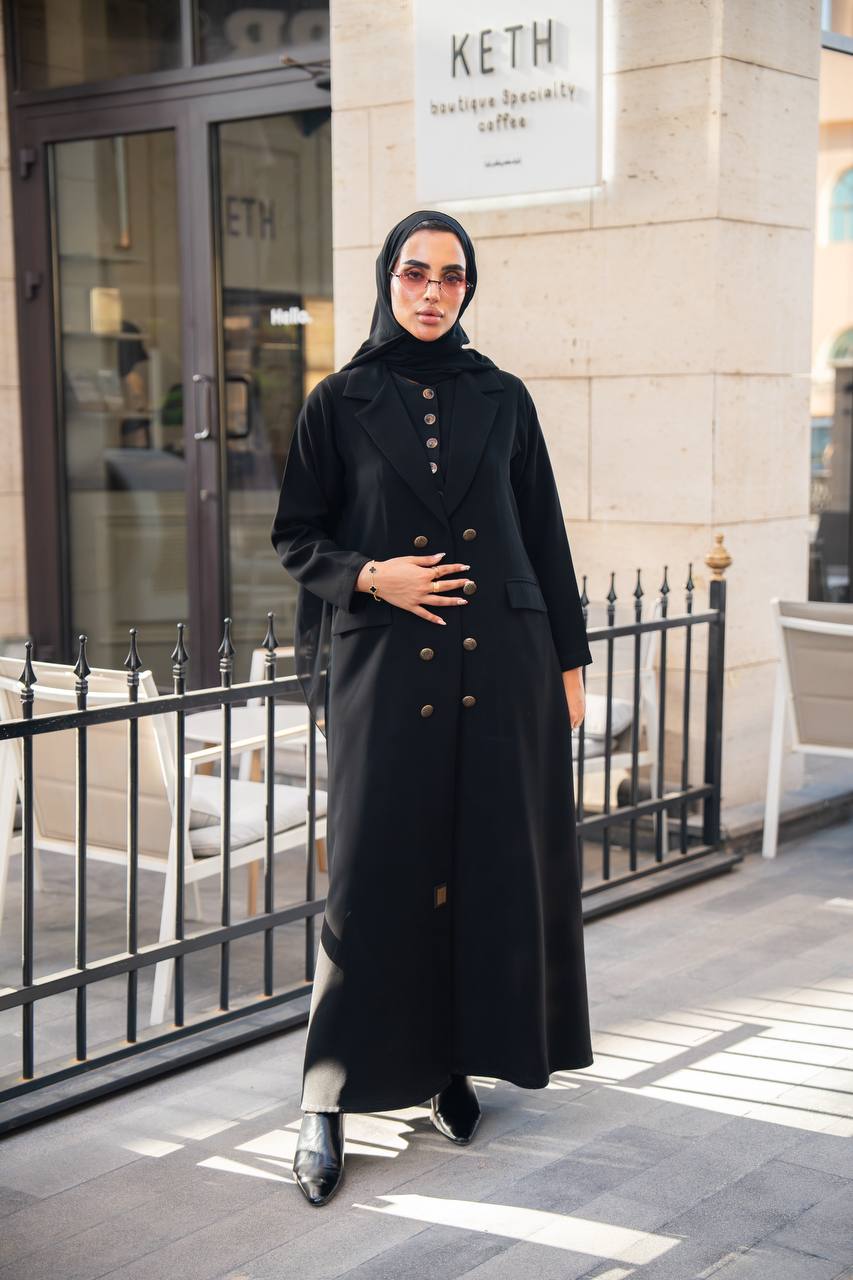 Black crepe blazer abaya with pleated cloche C:6680