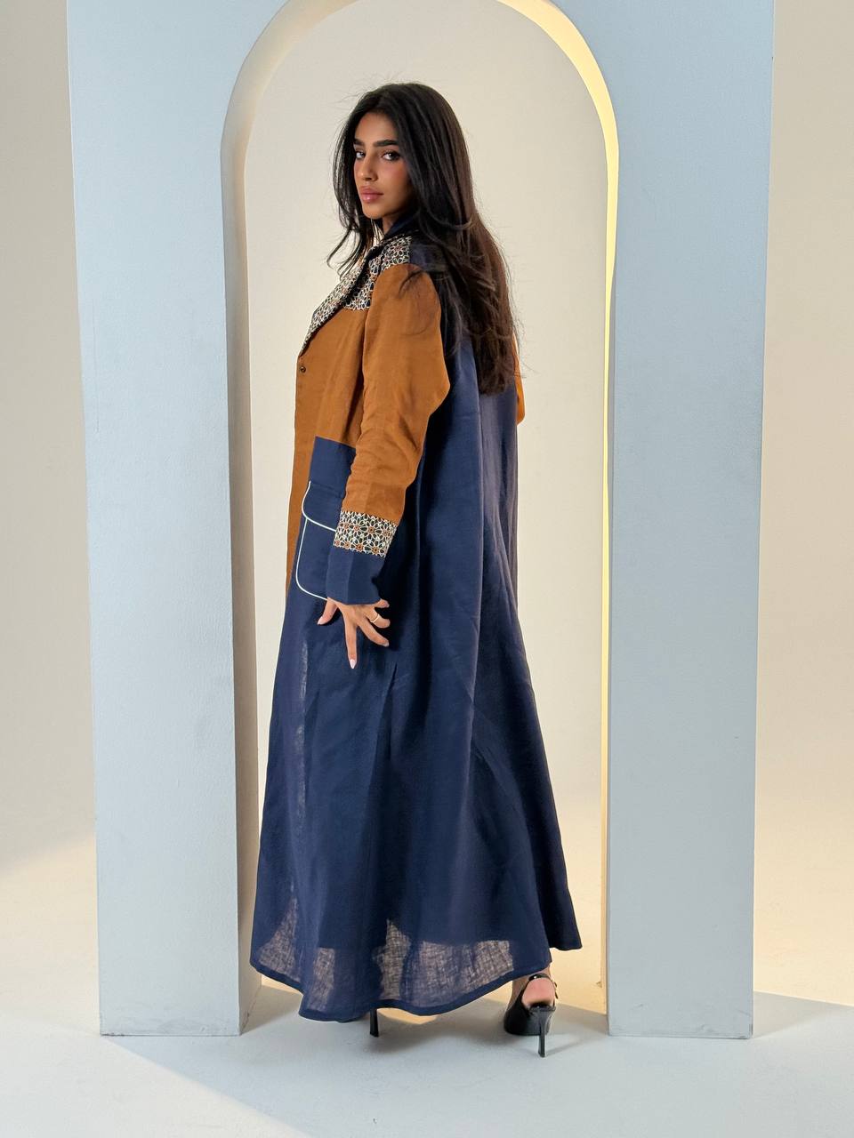 Camel and navy linen abaya with embroidery.C:6692