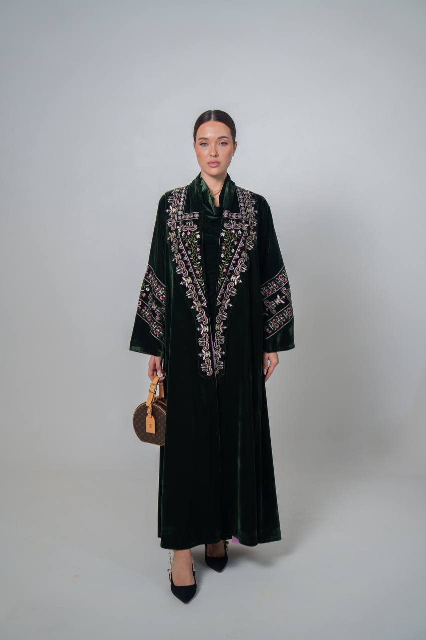 Embroidered velvet abaya, olive green. C:6708