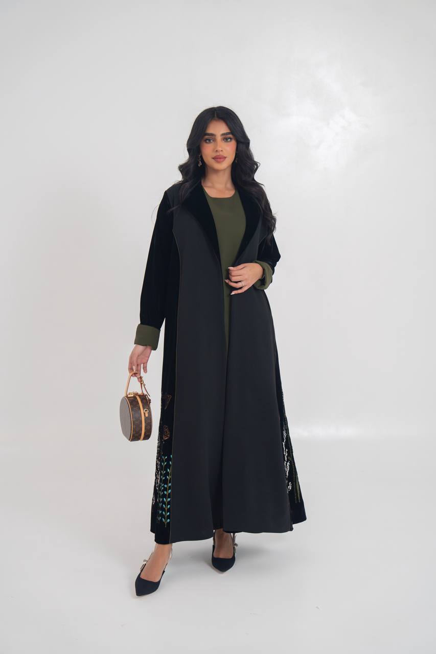 Velvet blazer abaya with crepe and embroidery. C:6711