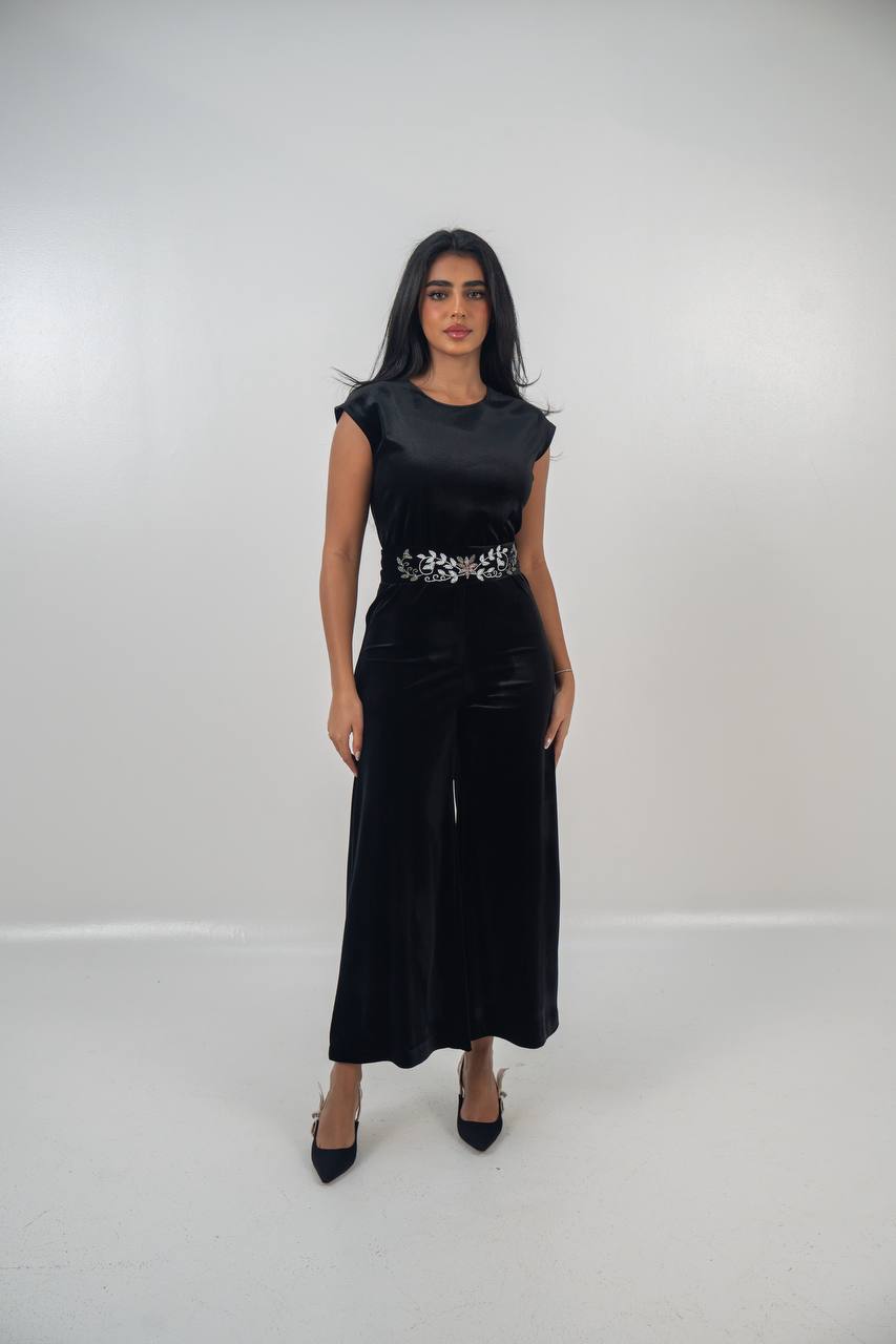 Velvet bisht and jumpsuit set in black with hand embellishment.C:6719