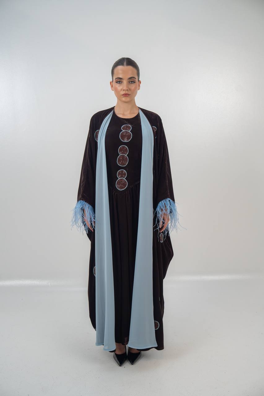Bisht and dress set in brown velvet with hand embellishment.C:6718