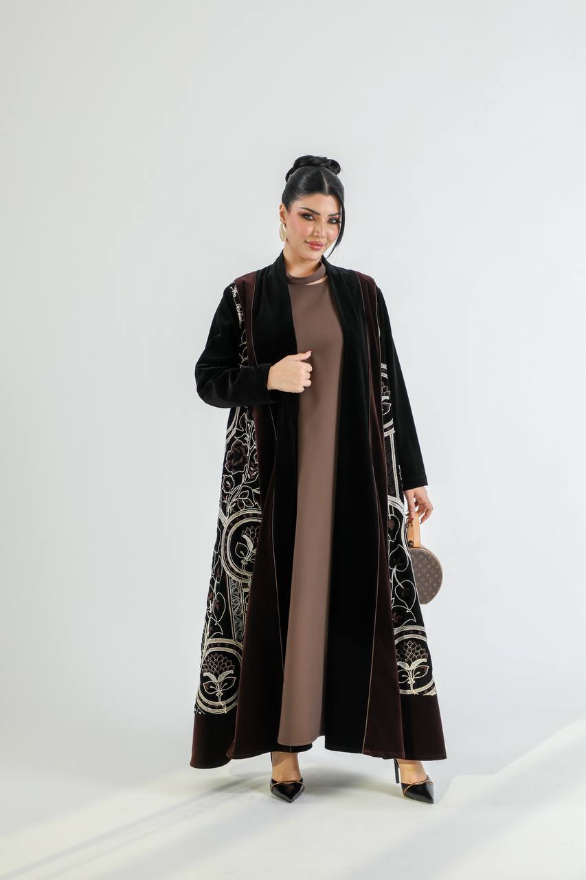 Black and brown velvet abaya with embroidery. C:6725