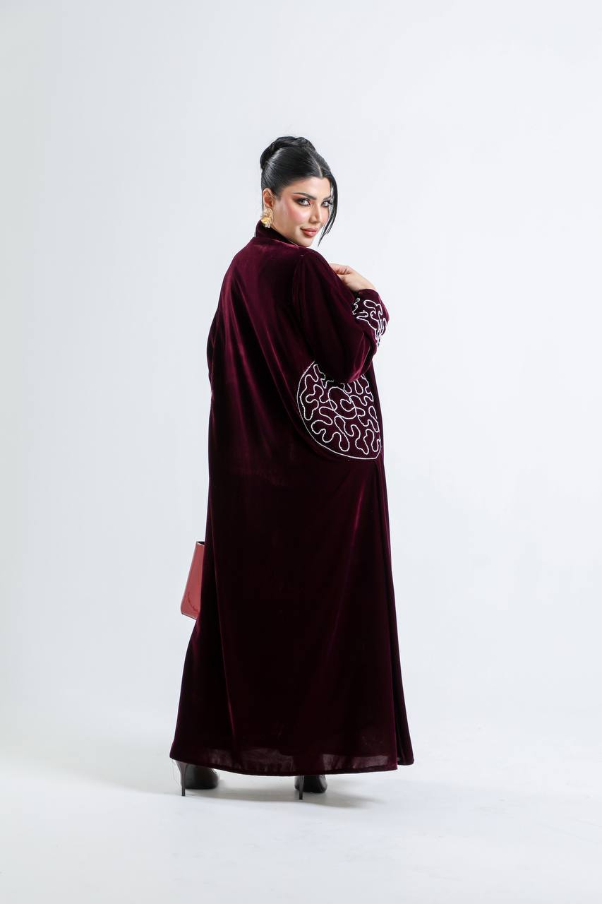 Burgundy and beige velvet abaya with hand embroidery. C:6724