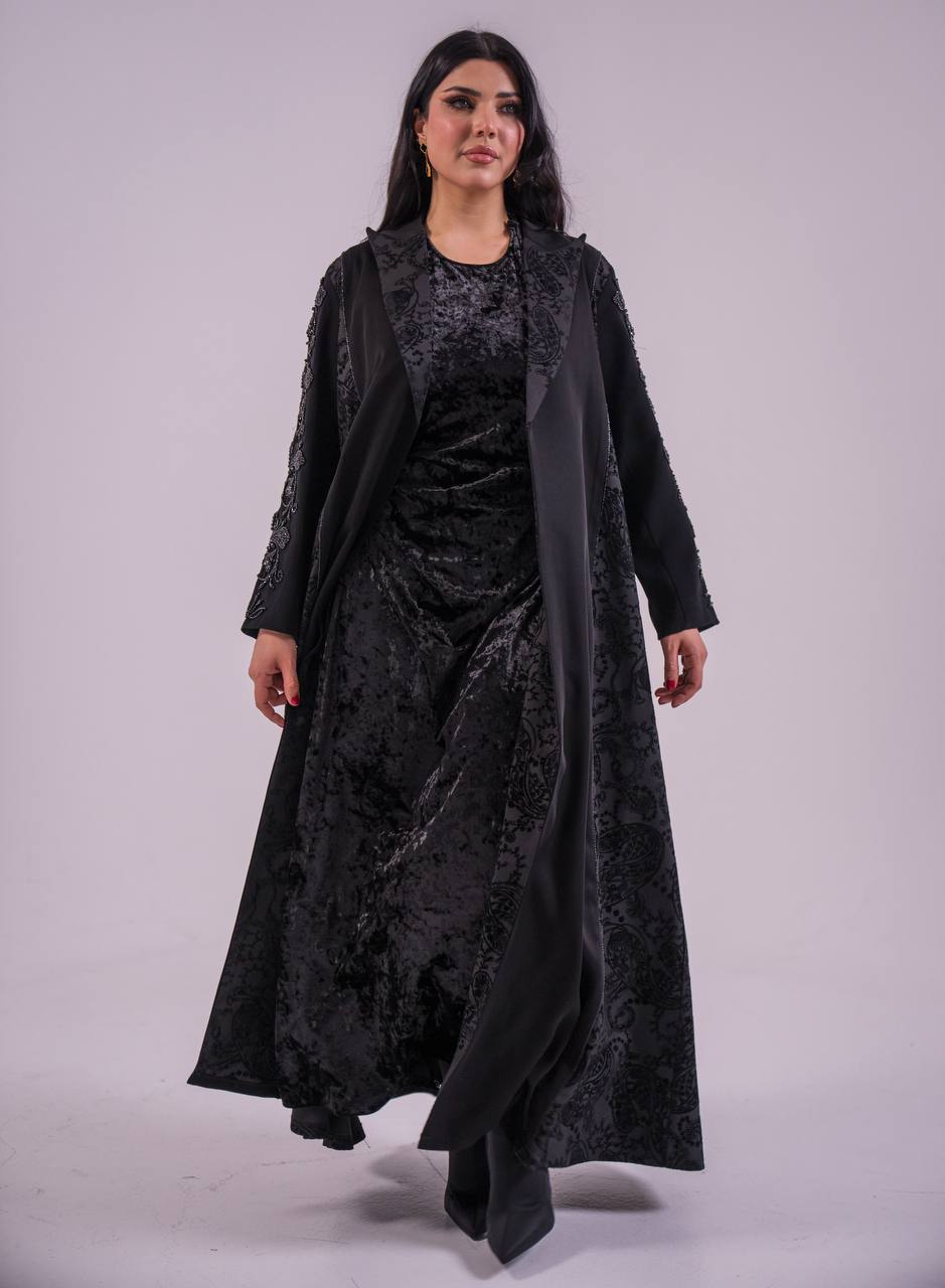 Crepe blazer abaya with black printed crepe and hand-stitched details.C:6733