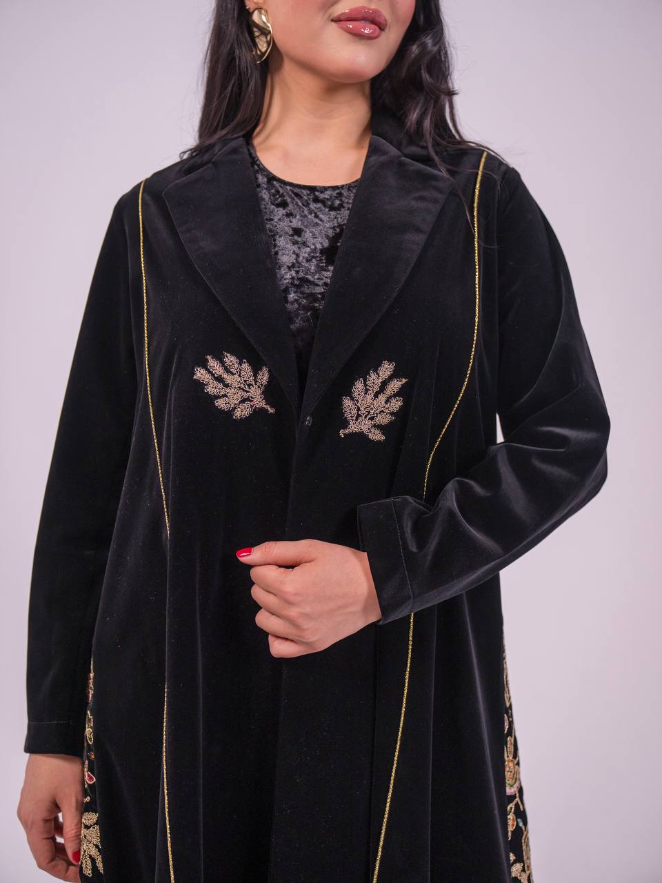 Plain velvet abaya with embroidered velvet. C:6736