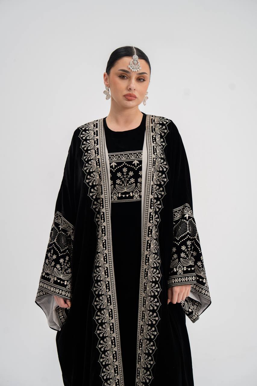 Black velvet abaya with embroidery. C:6744
