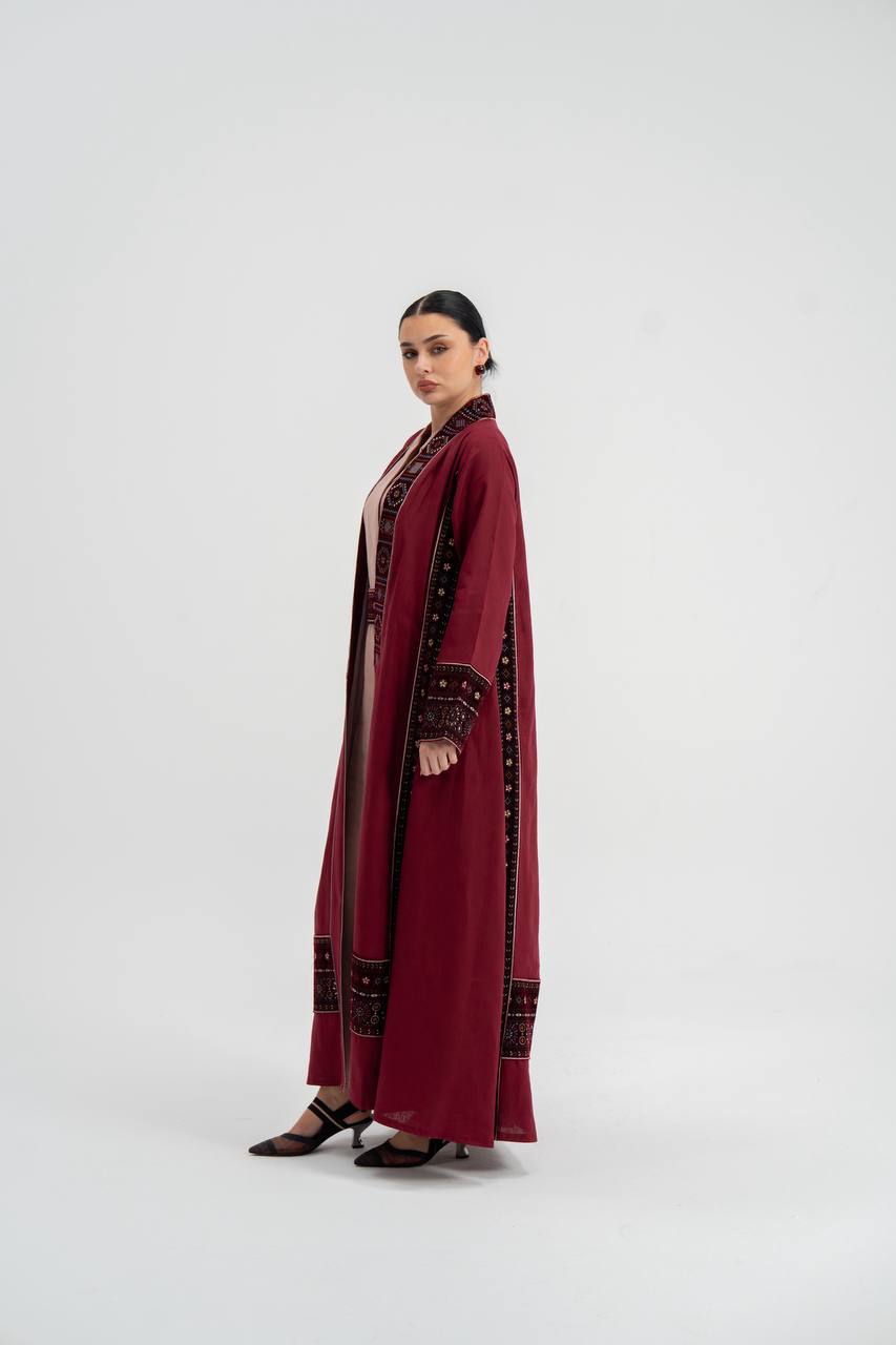 Red linen abaya with embroidery. C:6746
