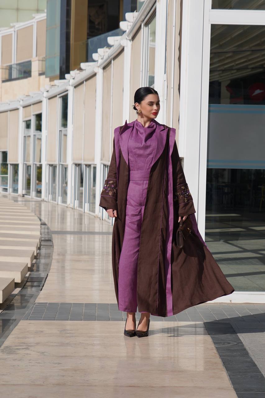 Brown linen blazer abaya with embellishments. C:6755