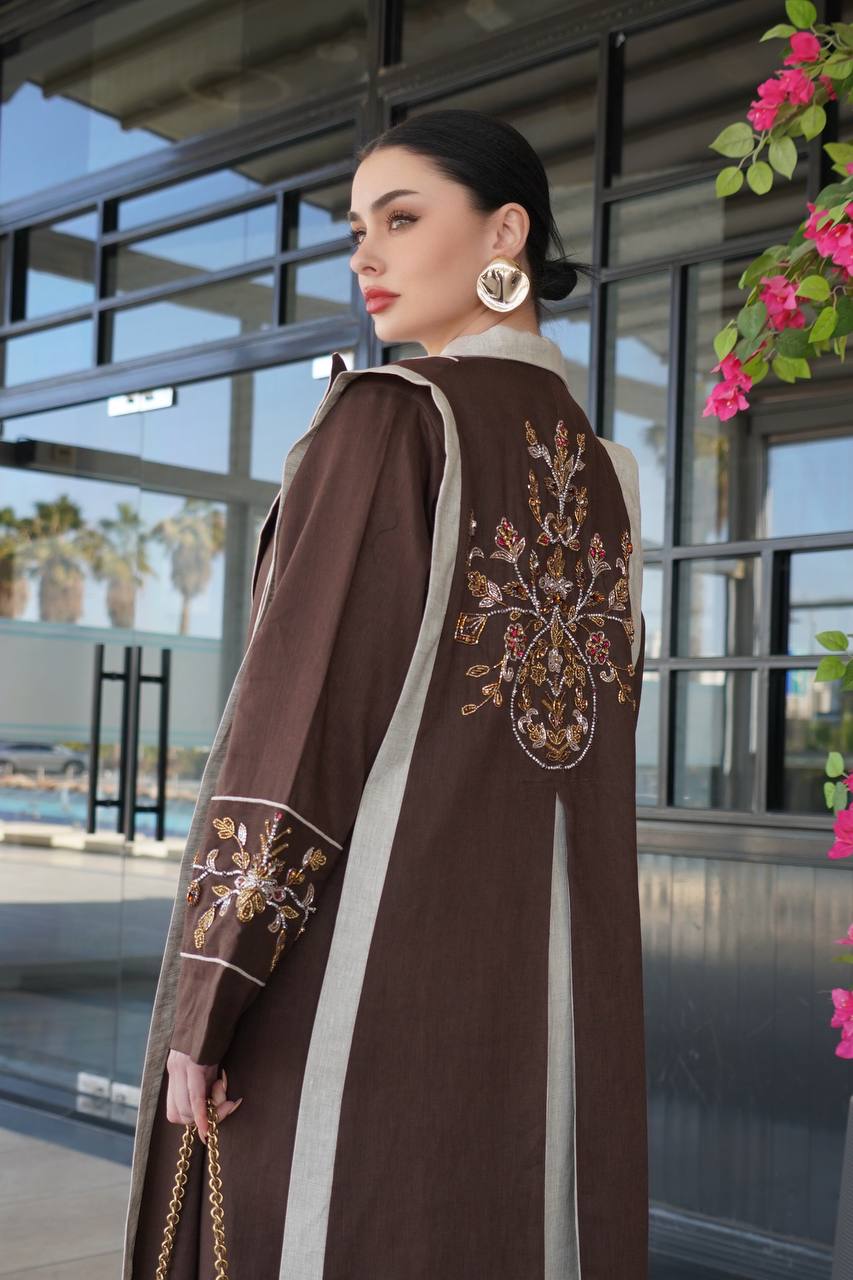Brown linen blazer abaya with hand-stitched details. C:6755