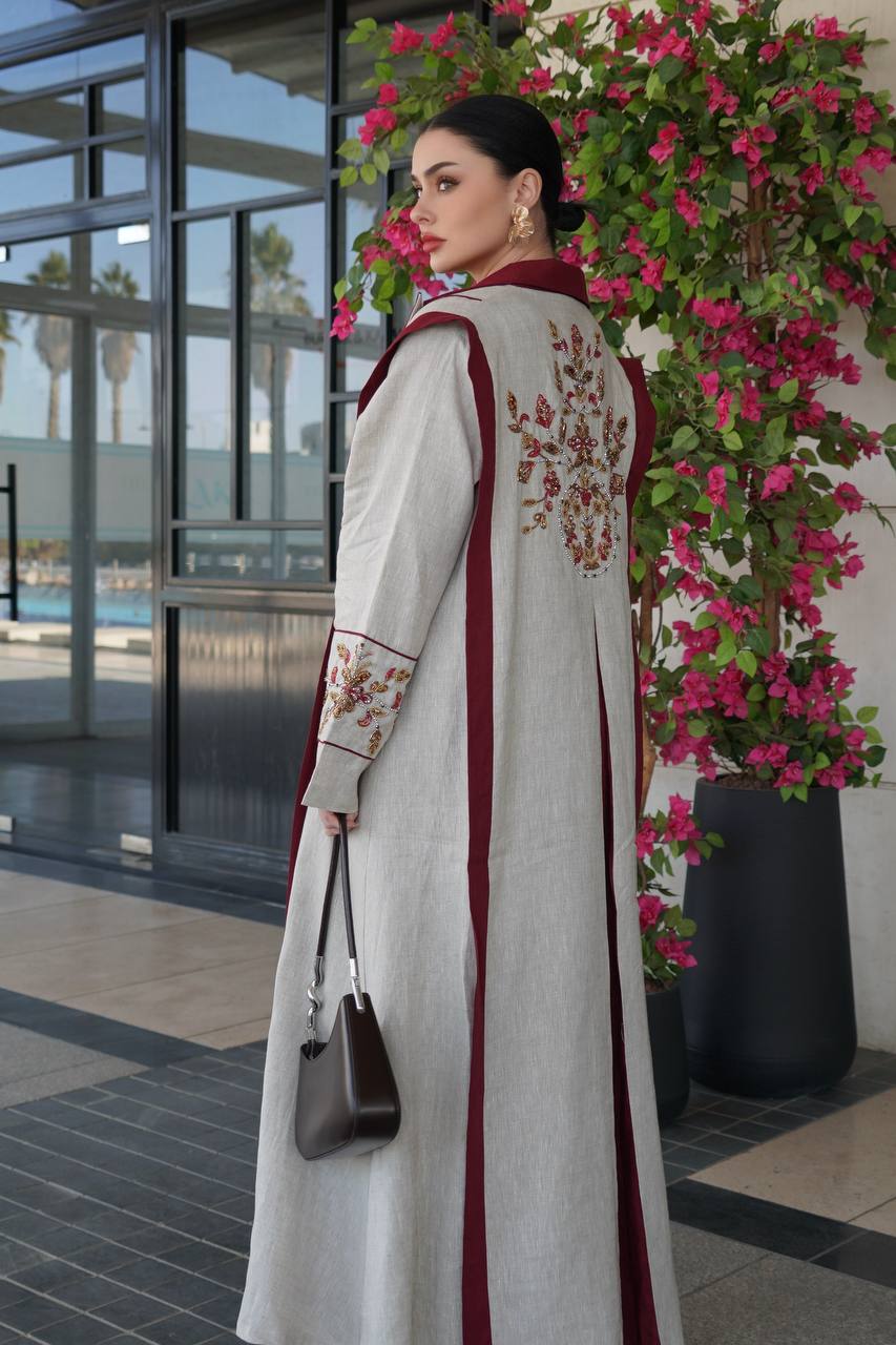 Beige linen blazer abaya with hand-stitched details .C:6755