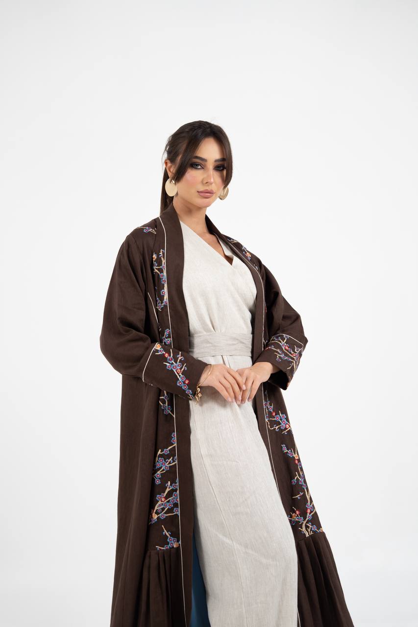 Linen abaya in brown with embroidery. C:6760