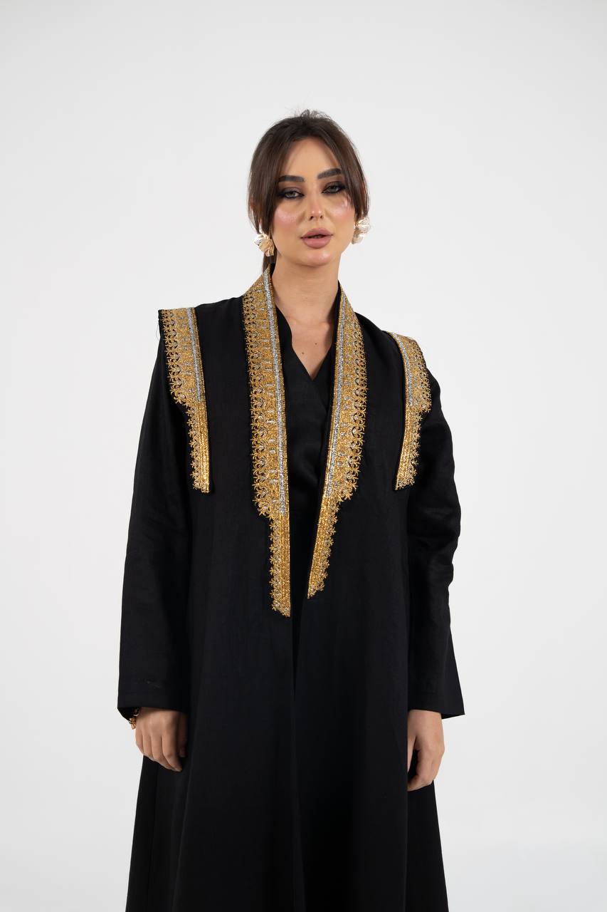 Linen abaya in black with embroidery. C:6762
