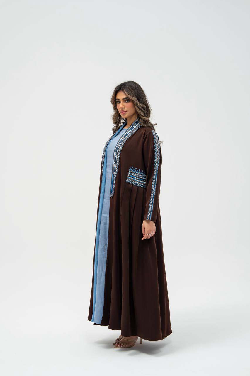 Brown crepe fabric abaya with embroidery. C: 6702 brown crepe