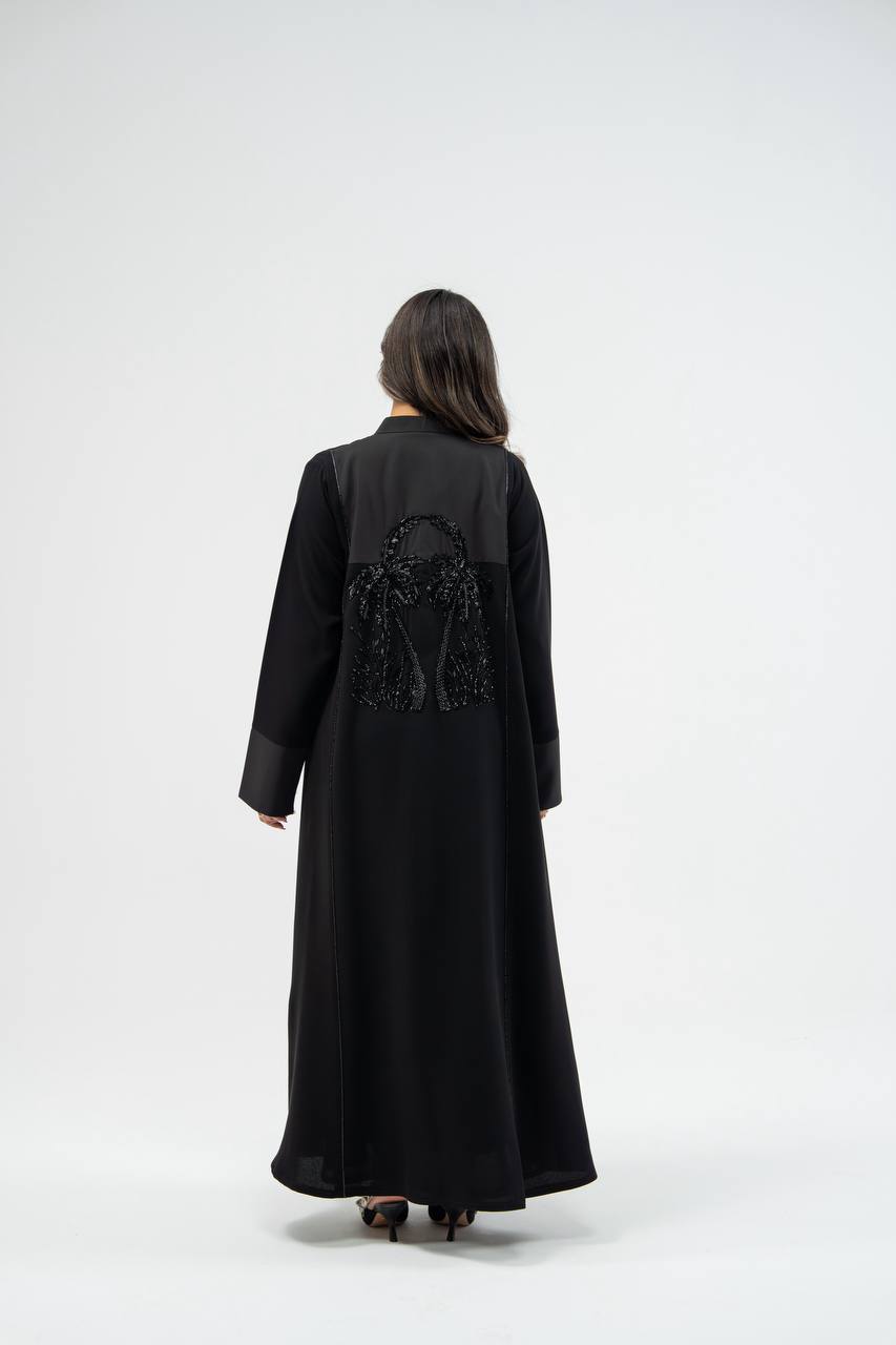 Black crepe abaya with hand-stitched details. C:6748 black.  crepe