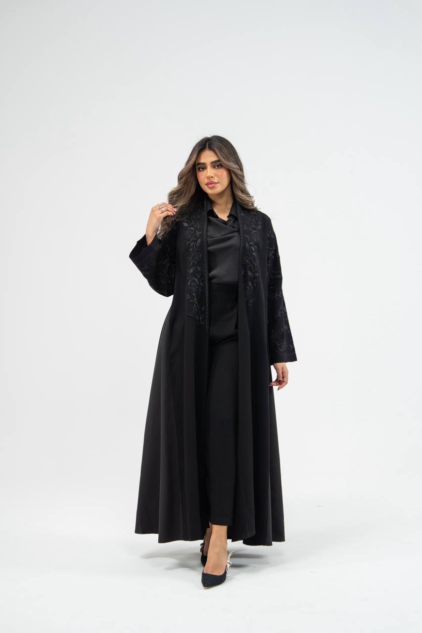 Black crepe abaya with embroidery . C:6710 black crepe