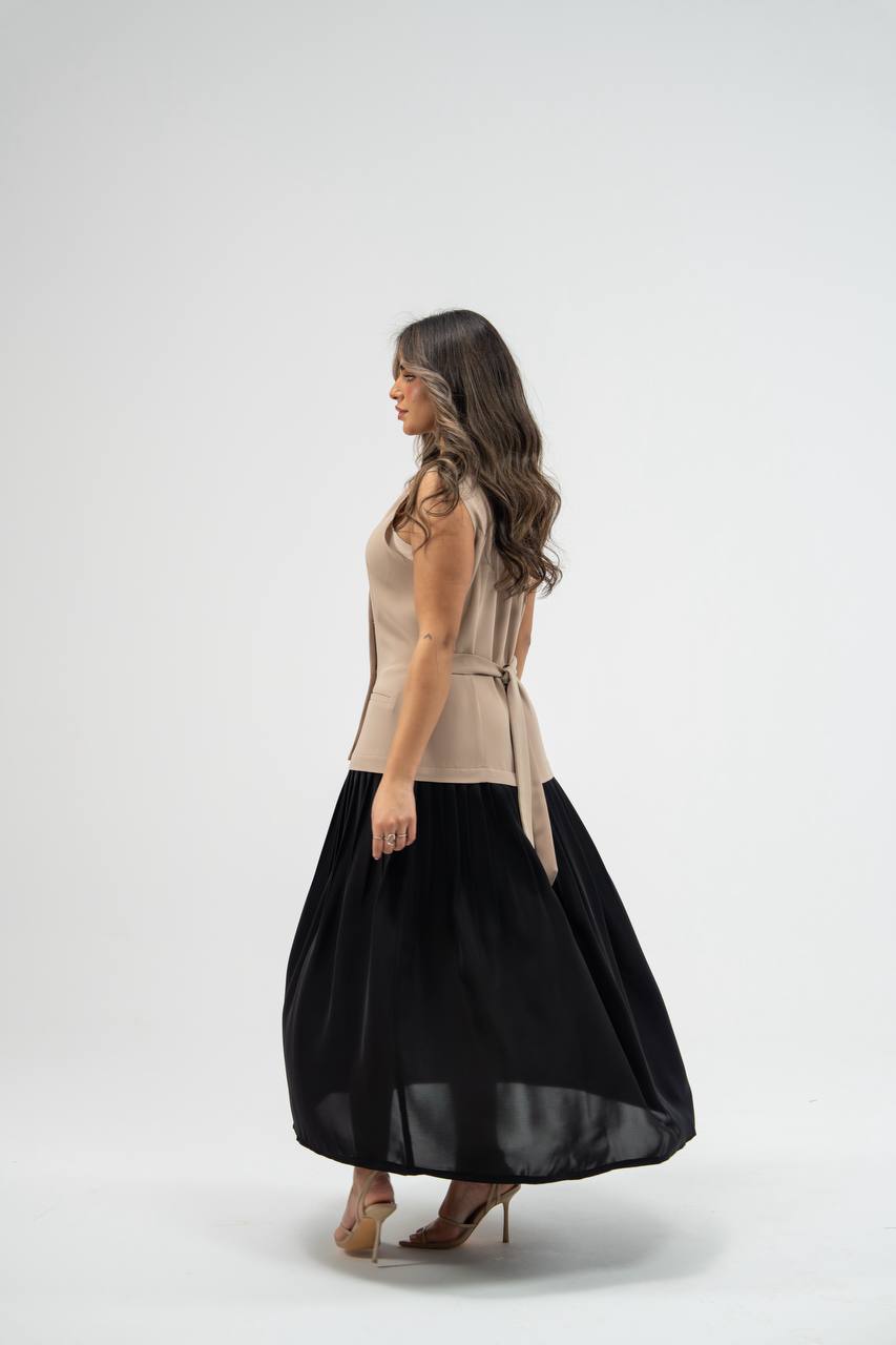 Crepe dress with linen. C:208 bige black