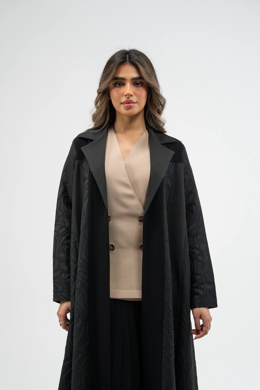 Black crepe abaya with jacquard detailin.  C:6775