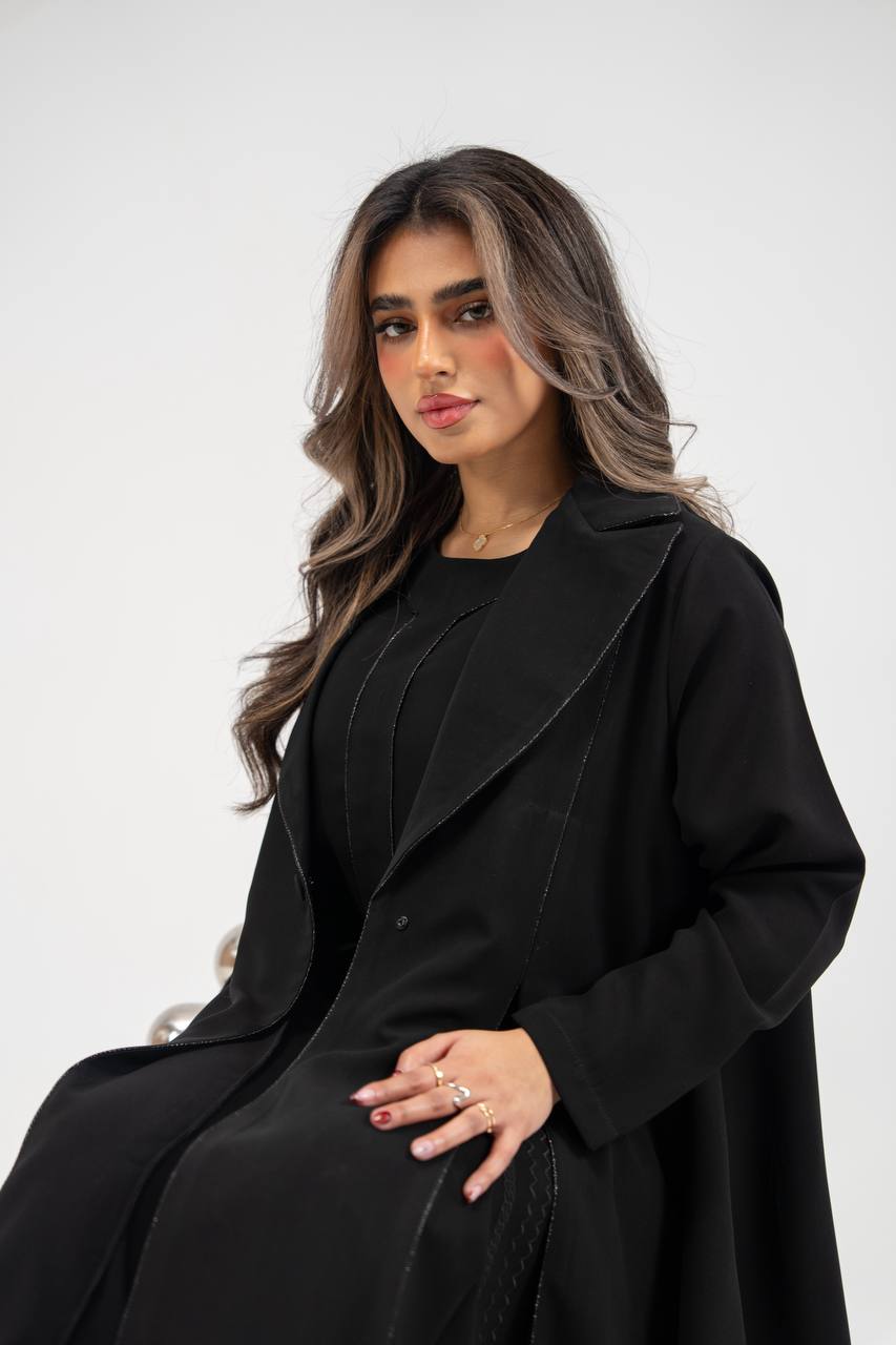 Black crepe abaya with embroidery. C:6770 BLACK