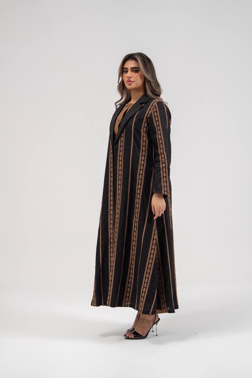Linen abaya in black with embroidery. C:6764