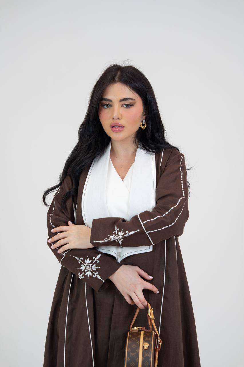 Linen abaya in brown with embroidery. C:6782