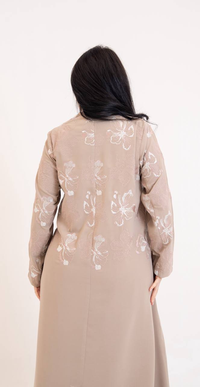 Beige crepe abaya with embroidery.C:6765