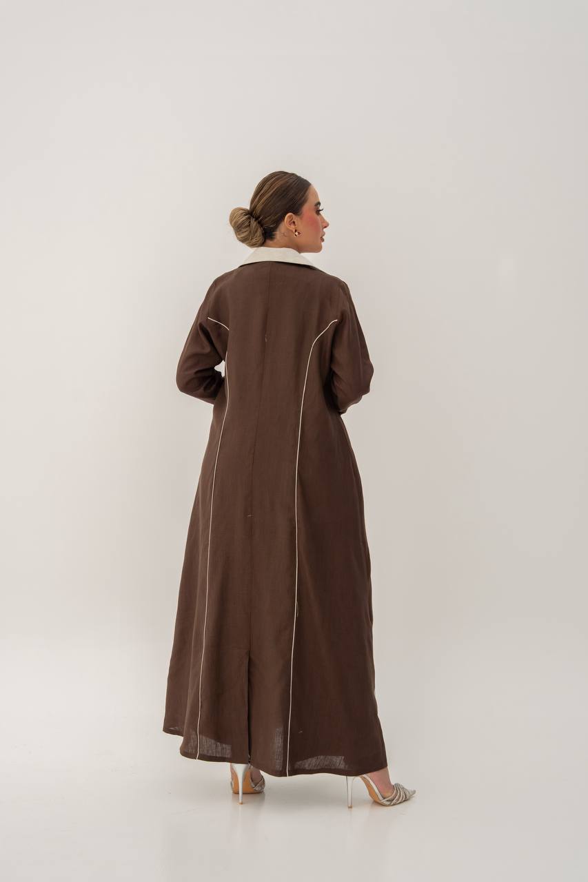 Linen abaya in brown with embroidery.C:6783 Brown