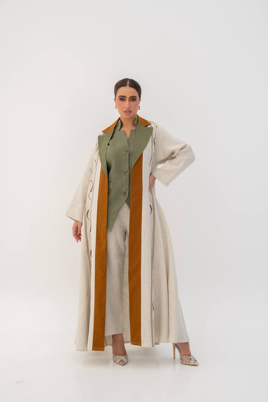 Beige linen abaya with embroidery. C:6787