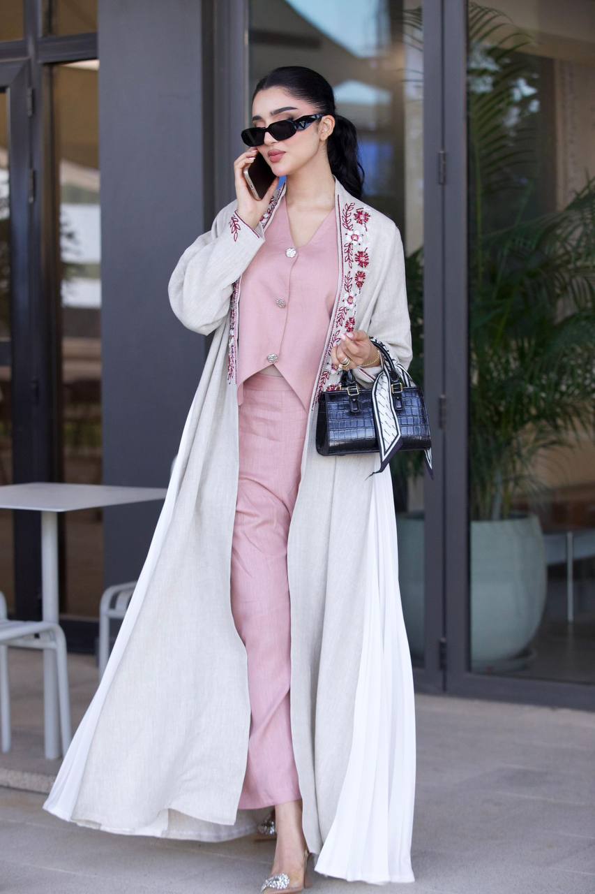 Linen abaya in beige with hand embroidery and beading. C:6791