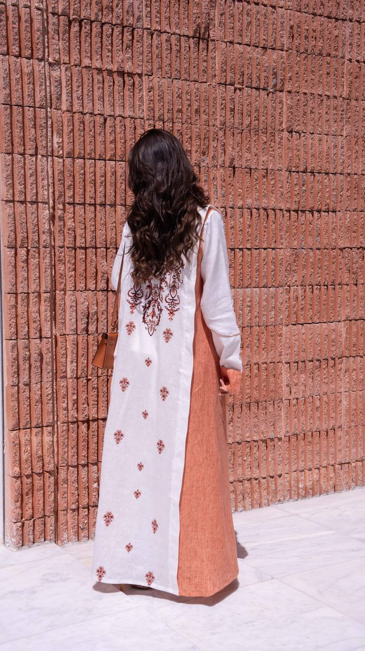 White and orange linen blazer abaya with embroidery. C:6794