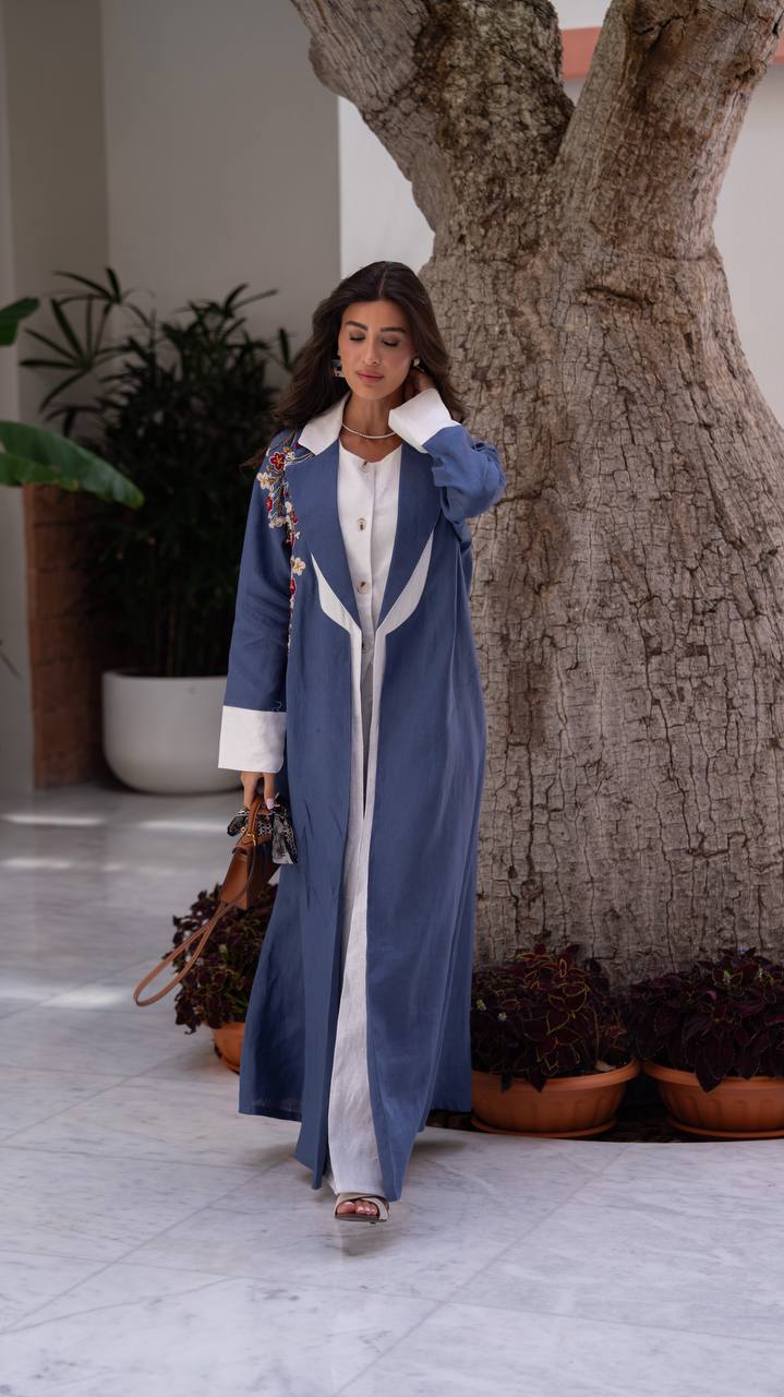 Blue linen blazer abaya with embroidery.C:6795