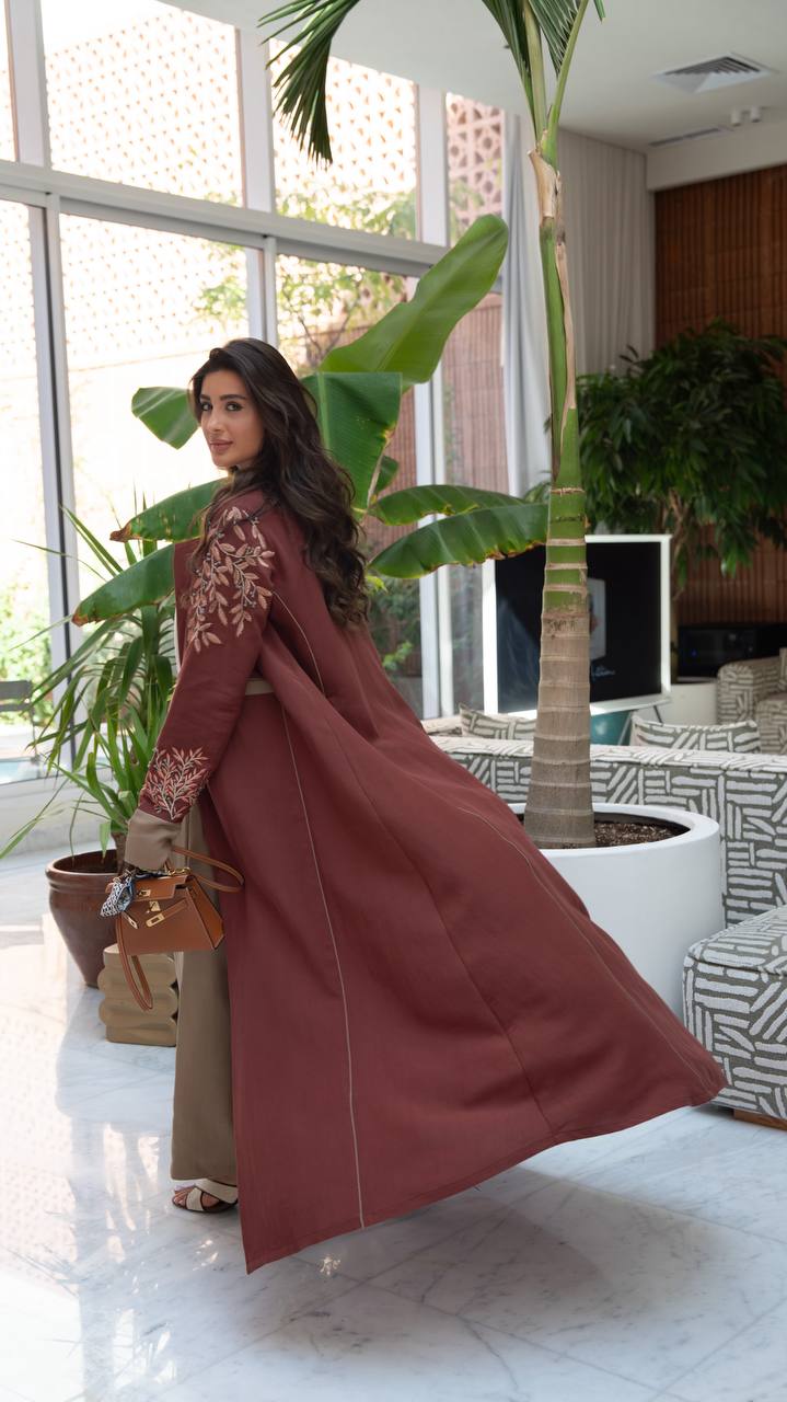 Burgundy linen blazer abaya with embroidery.C:6797