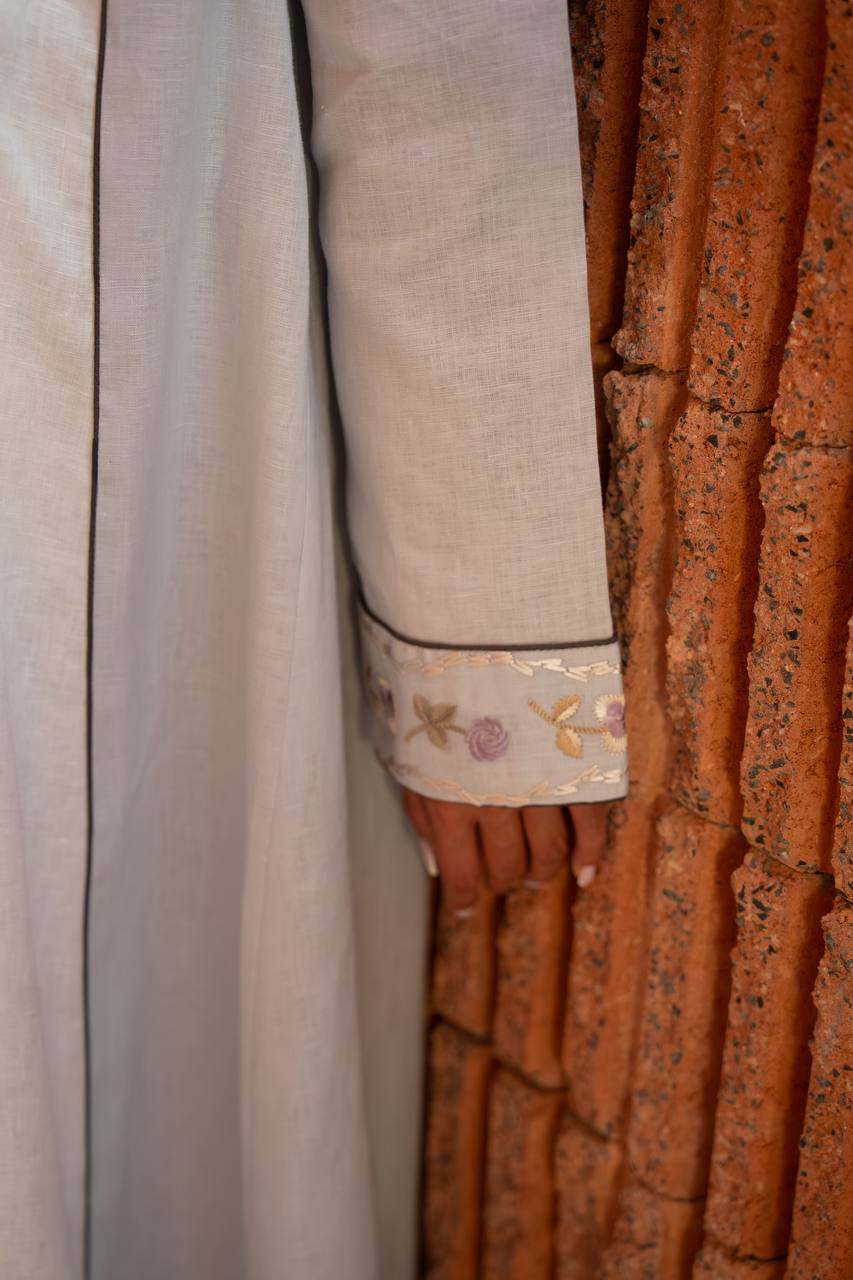 Beige linen abaya with embroidery.C:6799