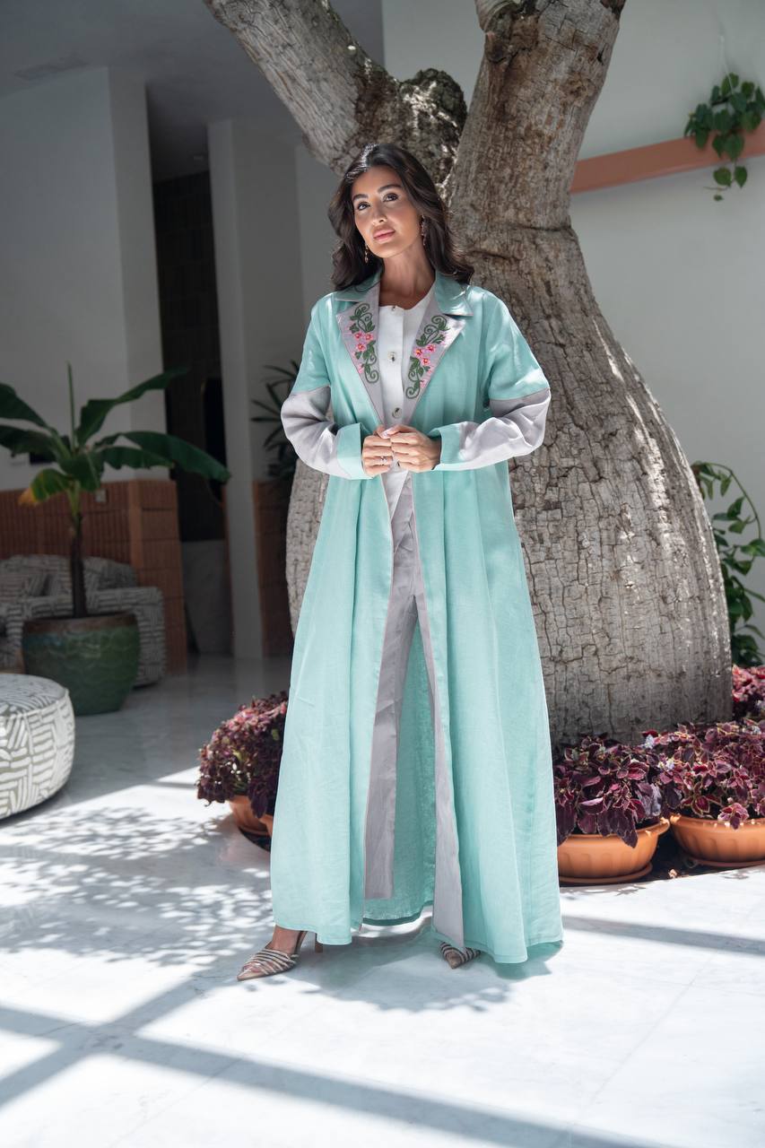 Turquoise linen blazer abaya with embroidery. C:6803