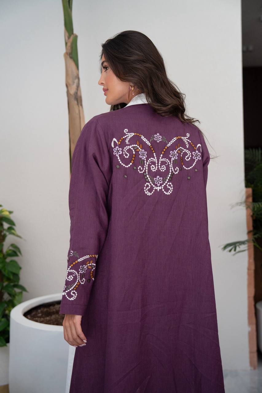 Purple linen blazer abaya with embroidery.C:6801