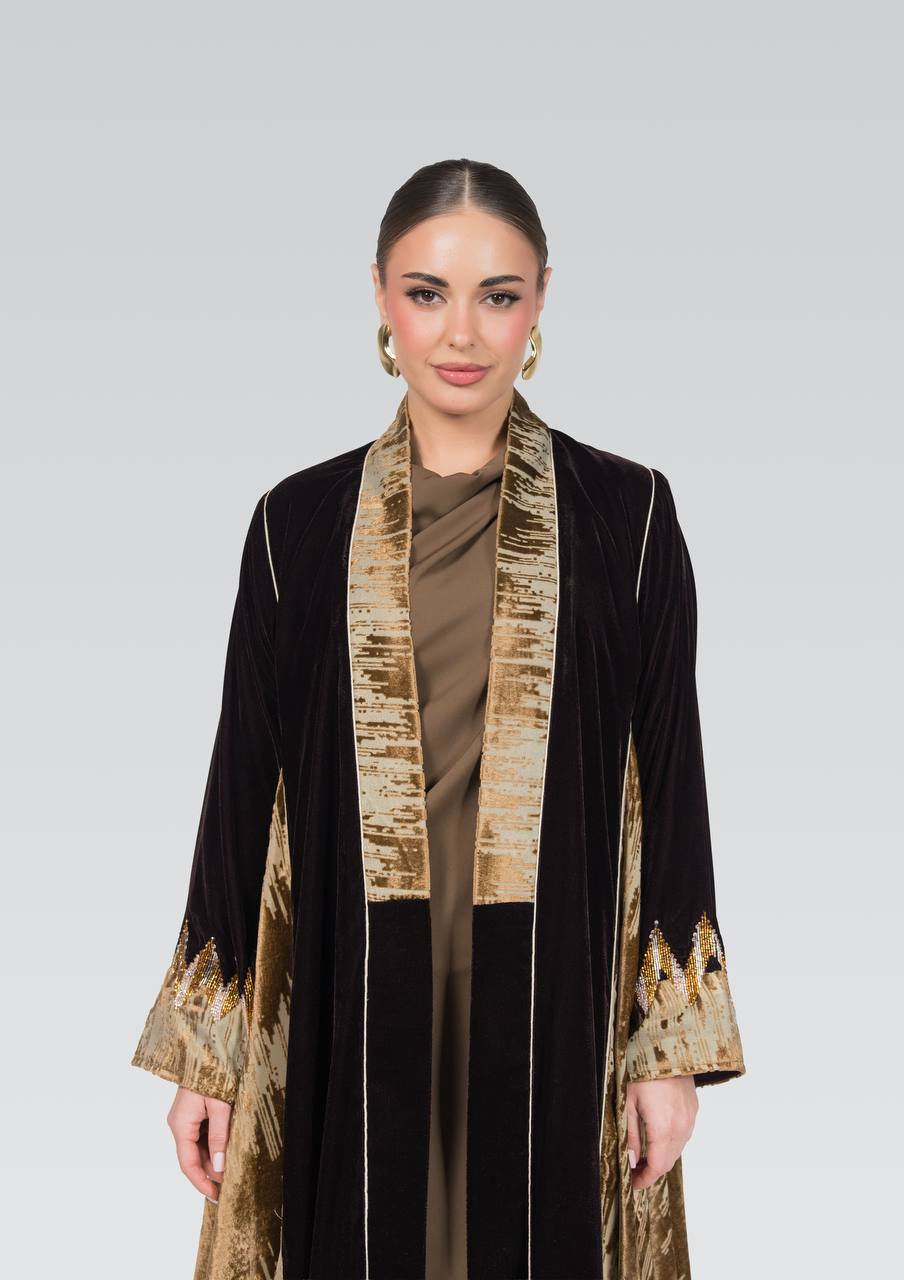 Velvet abaya with hand-beading.C:6838 Brown