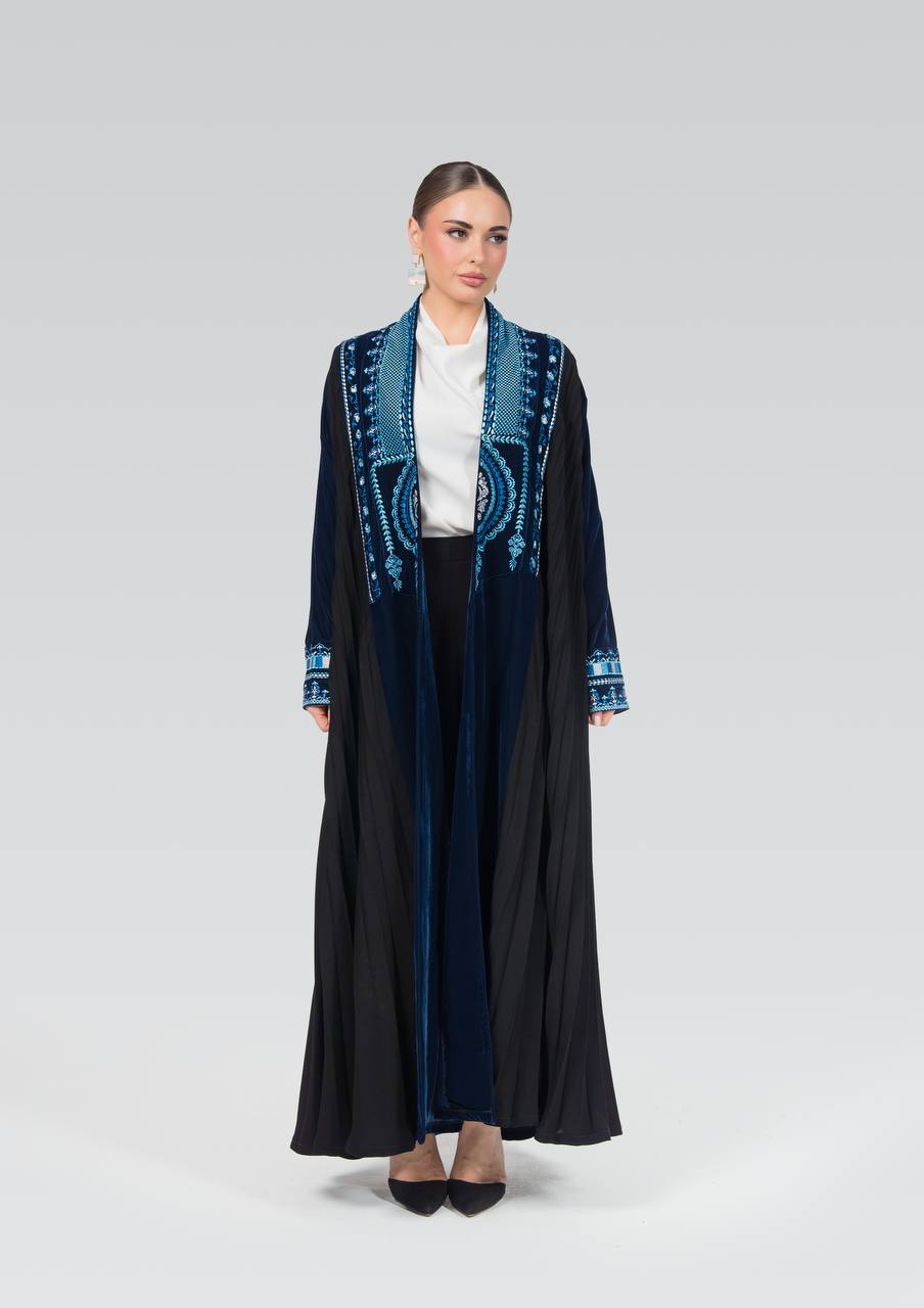 Velvet and crepe abaya with embroidery.C:6841
