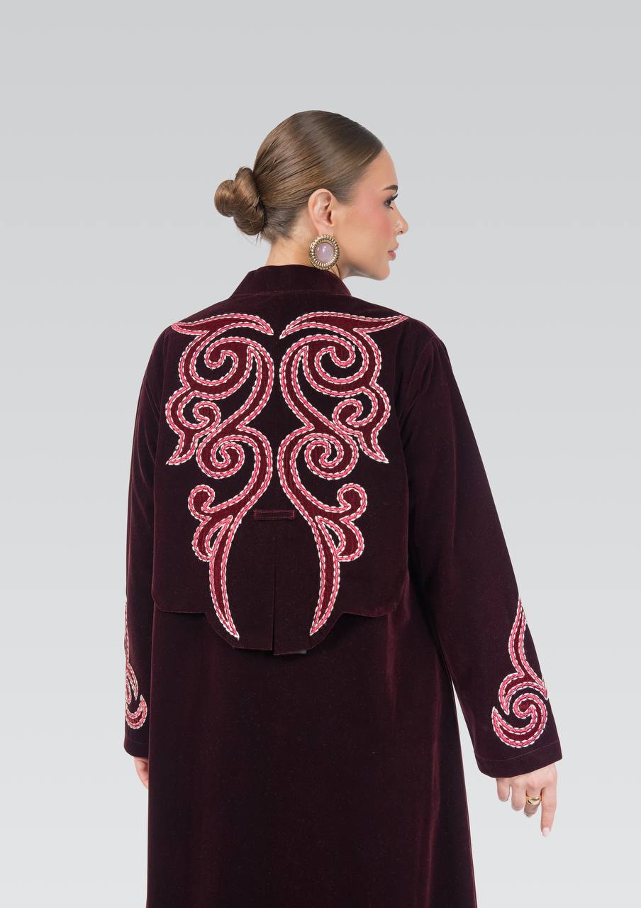 Burgundy velvet abaya with embroidery.C:6842