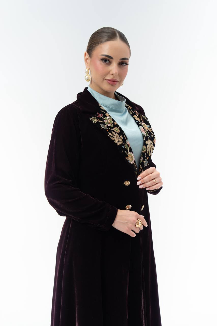 Burgundy velvet abaya with embroidery.C:6845