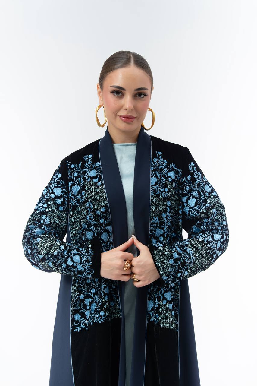 Embroidered velvet and crepe abaya.C:6835Blue