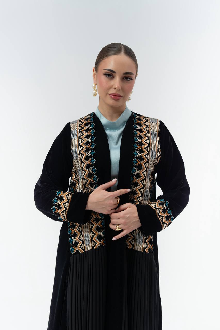 Black velvet abaya with embroidery.C:6846