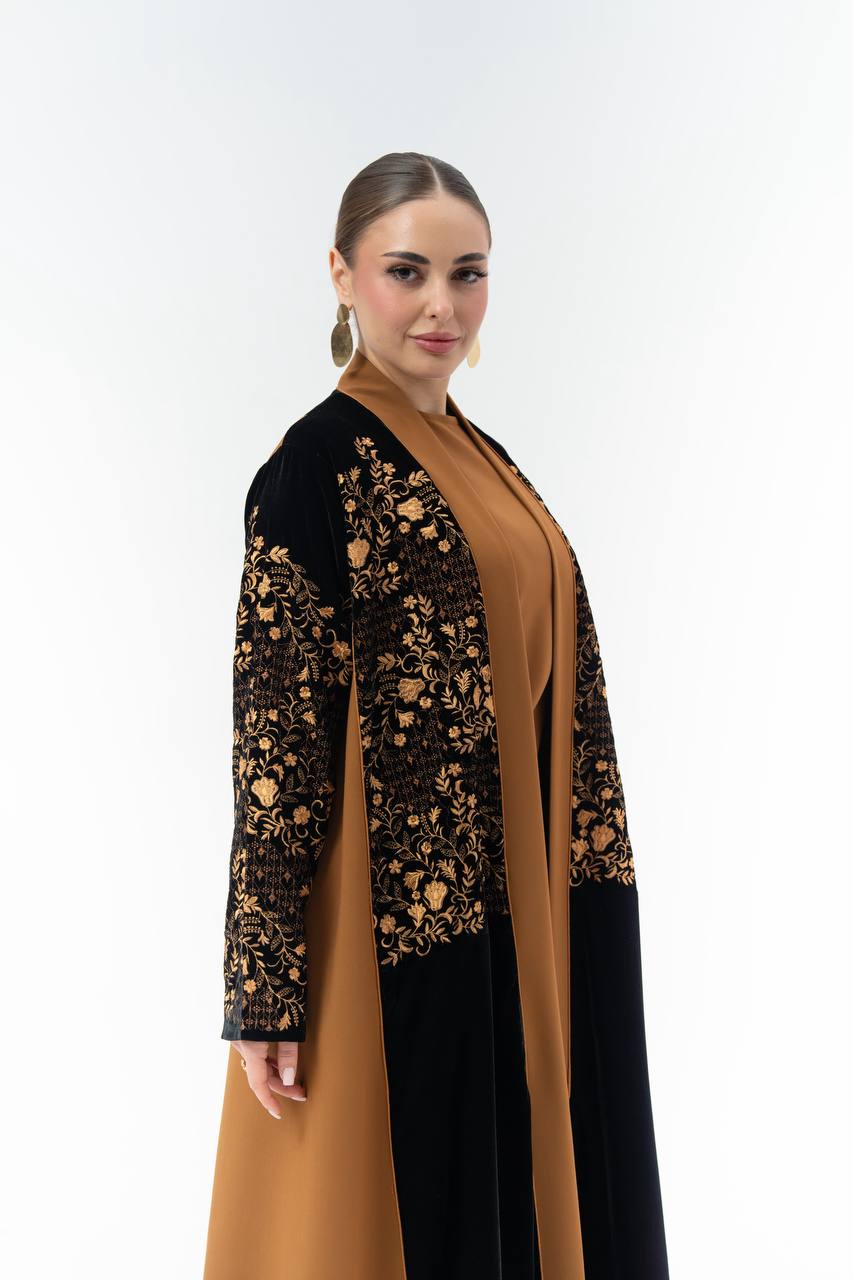 Embroidered velvet and crepe abaya.C:6835 Orange