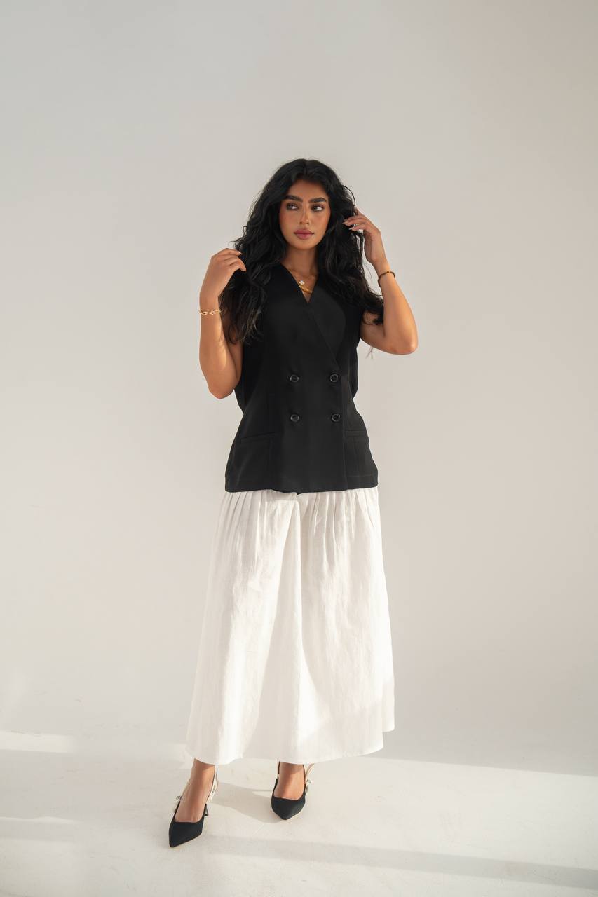 Black crepe vest with linen skirt C:208
