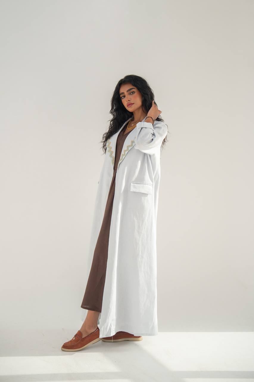 Linen blazer abaya, sky blue with hand embroidery C:6651