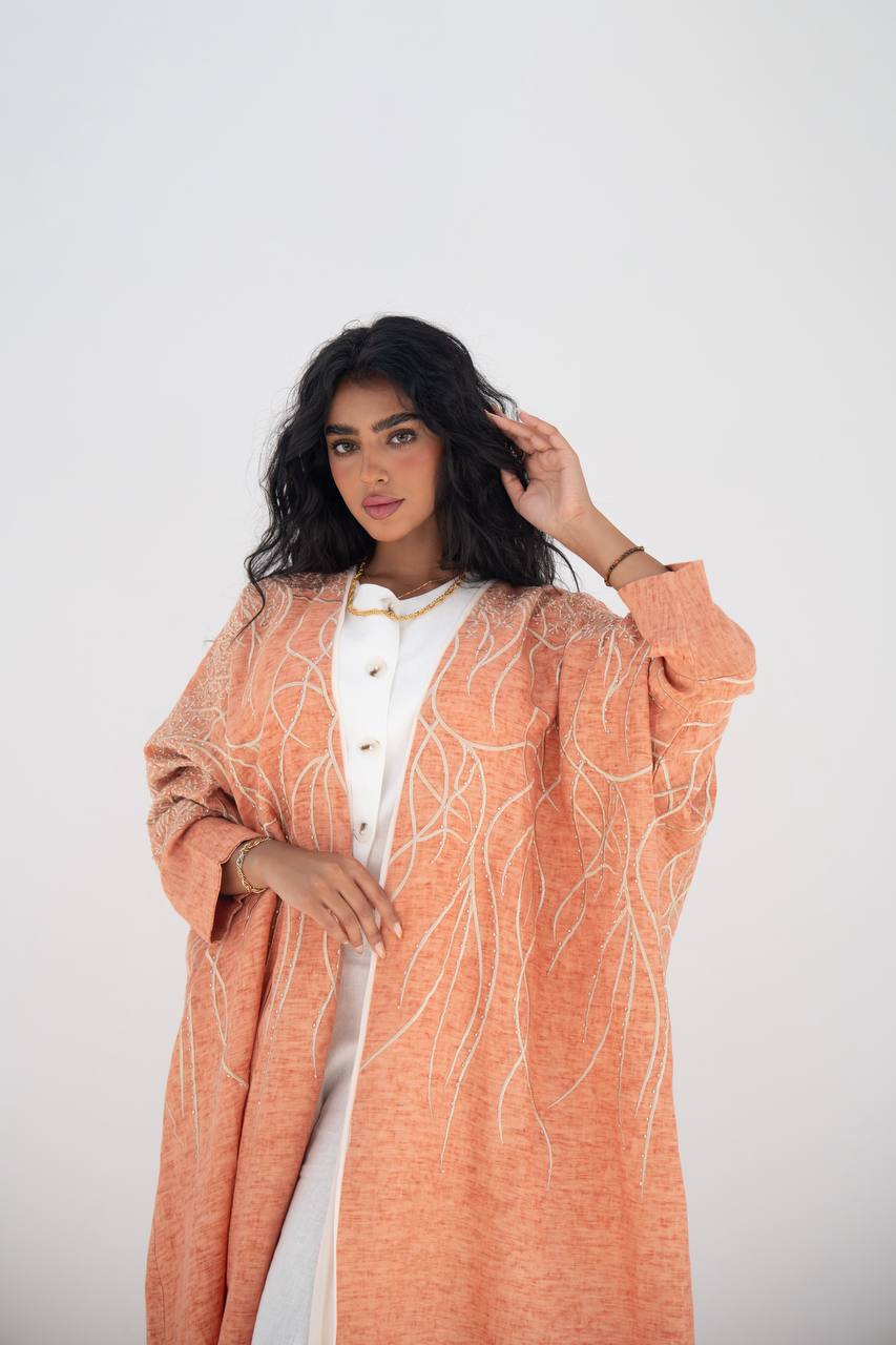 Orange linen bisht abaya with embroidery C:6648