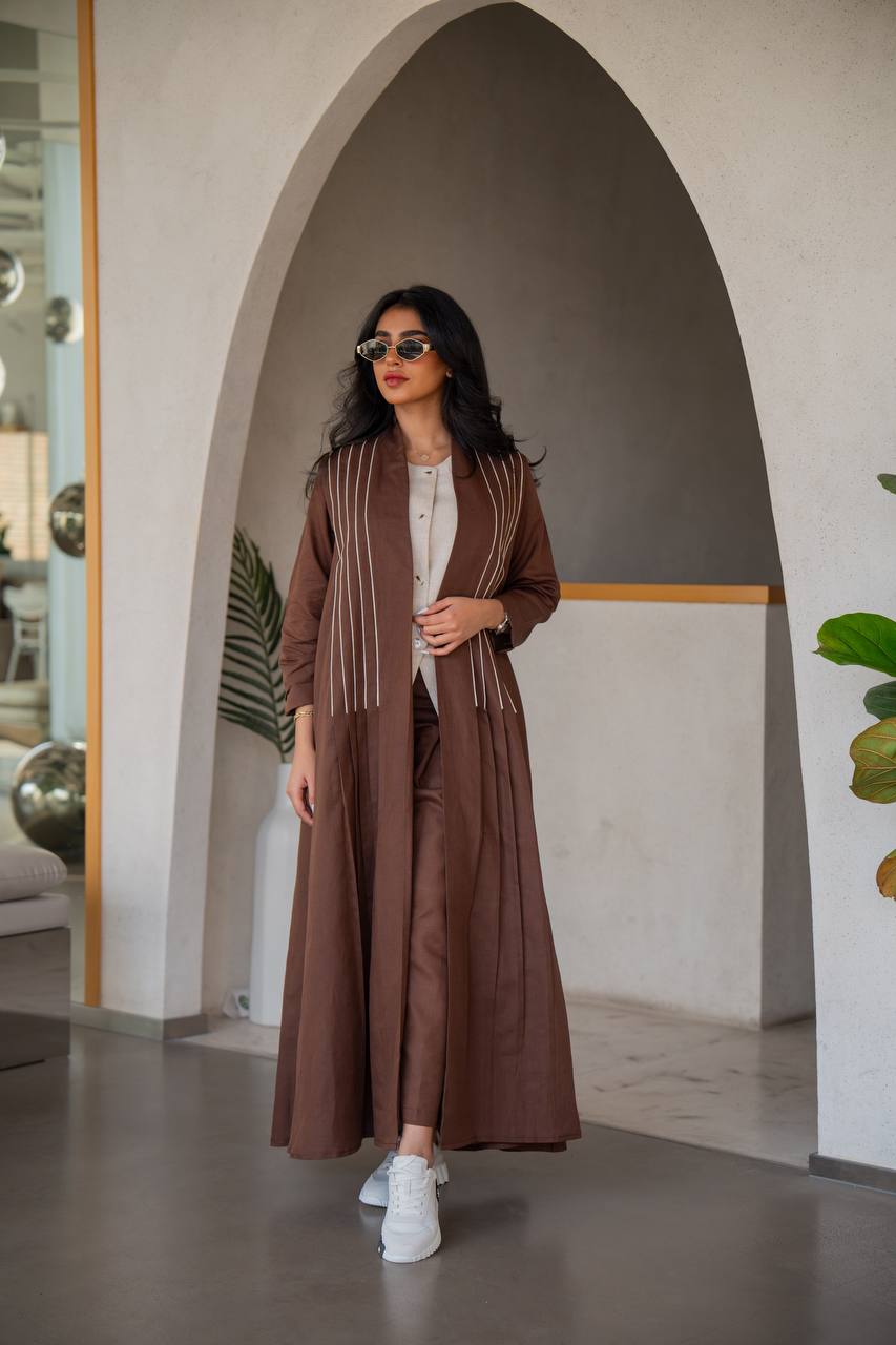 Abaya with inner set made of linen, brown with beige inserts C:6637